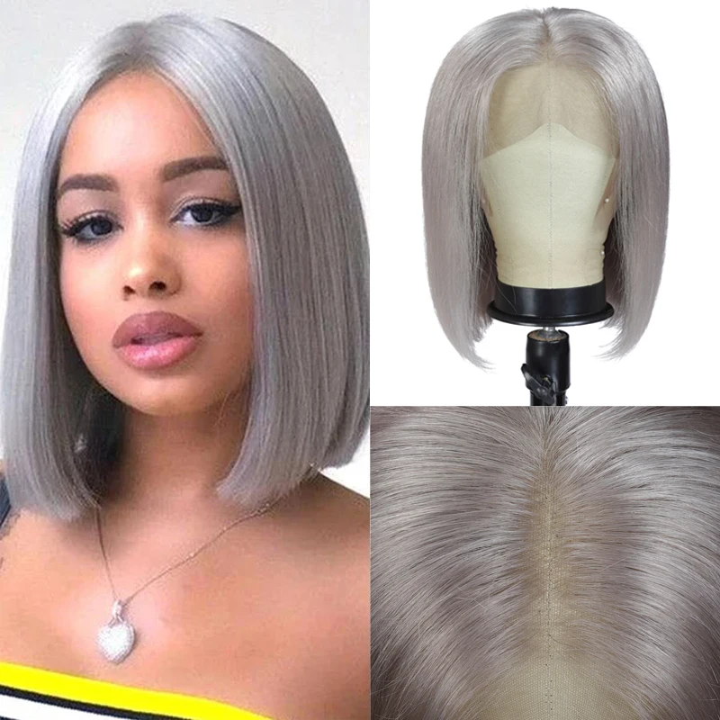 Grey Lace Front Human Hair Wigs 13X4 Brazilian Remy Straight Colored Sliver Gray Bob Lace Wigs For Women Pre Plucked 150%