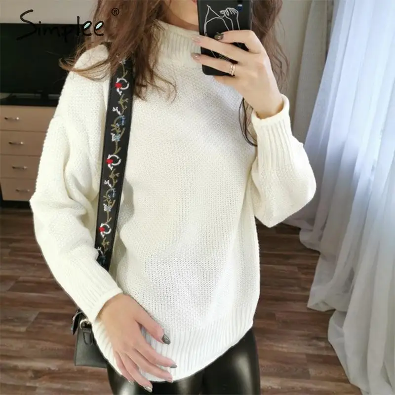 Najtaniej Simplee sweter z golfem biały sweter z długim rękawem sweter typu oversize z dzianiny luźny kobiecy sweter femme