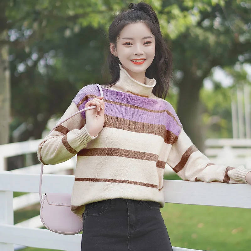 Женский полосатый свитер свободный базовый пуловер цвета хаки с высоким