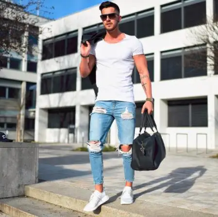 2019 Autumn Men Casual Long Pencil Pants Ripped Jeans Skinny Hole Jeans Pants Denim Hiphop Trousers Bodycon Slim Fit Clothes