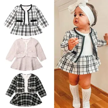 

1-6Years Autumn Toddler Kid Girls Clothing Set Plaid Coat + Long Sleeve Tutu Dress Party Costumes Autumn Spring Children Clothes