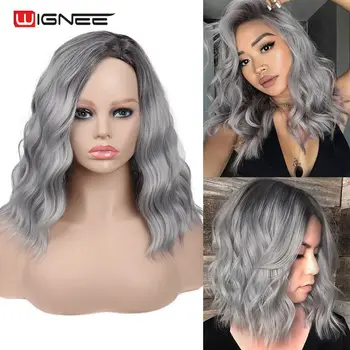 

Wignee Ombre Grey Synthetic Wigs Side Part for White Women Glueless Wavy Cosplay Daily Heat Resistant Natural Short Hair Wigs