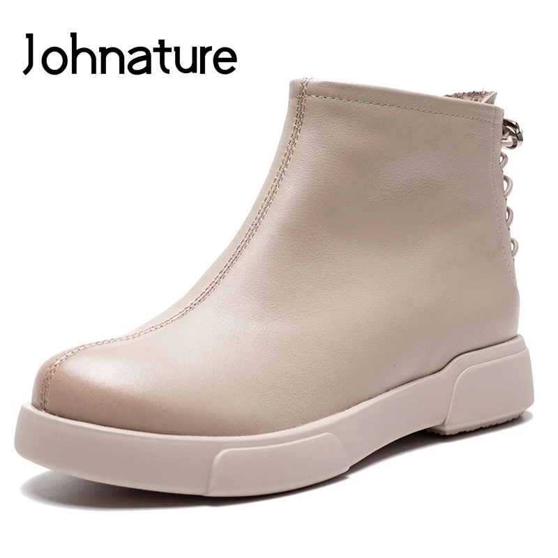 

Johnature Genuine Leather Women Shoes Platform Boots Round Toe 2019 New Autumn Winter Sewing Flat With Elastic Band Ankle Boots