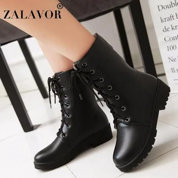 

ZALAVOR Women Lace Up Half Short Boots Woman Round Toe Leisure Flat Botas Feminina Warm Fur fashion Shoes Footwear Size 32-40