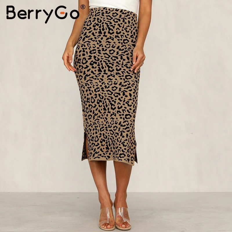 

BerryGo Leopard print knitted midi skirt women Leisure wear ladies bottom party skirt High waist autumn winter sweater skirts