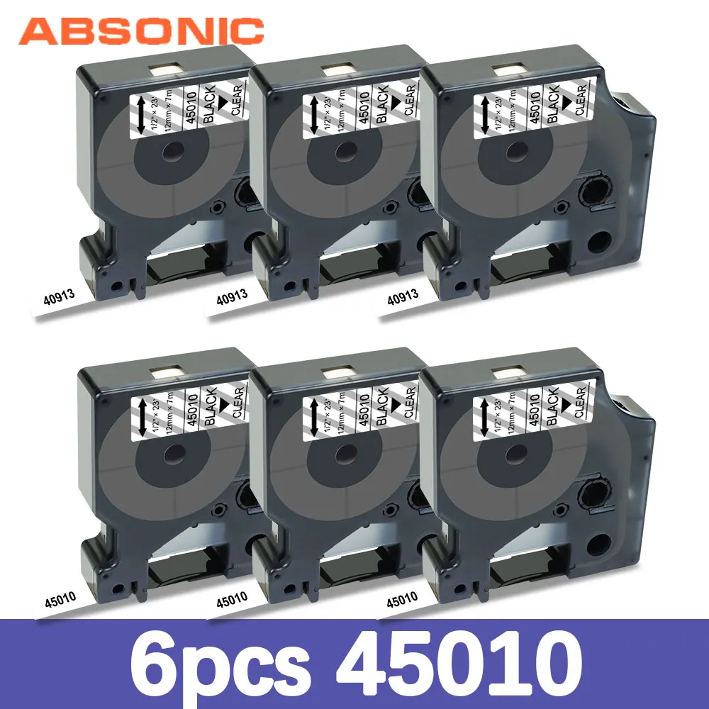 Absonic 6PK 12 мм лента для маркировки 45010 Dymo D1 черный на белом принтера Compatble этикетка