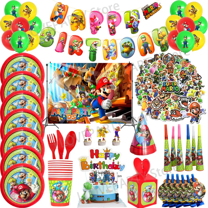 Super Mario Theme Birthday Party Balloon Disposable Tableware Set Kid Banner Decoration Napkin Paper Cup Supplies | Дом и сад