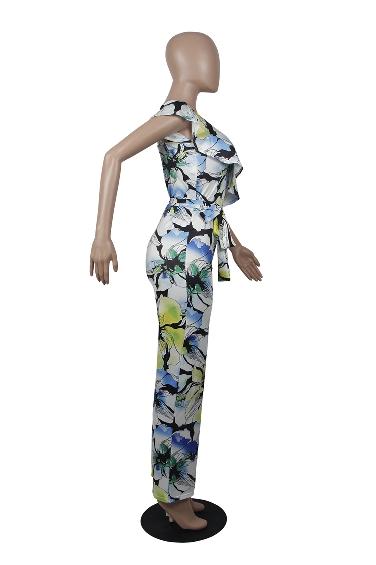 9040138 casual one shoulder floral flower printed wide leg jumpsuit women 2019