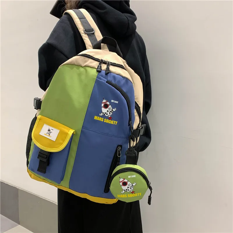 

style retro color matching locomotive ins student bag Harajuku style small pocket hit color junior high school student backpack