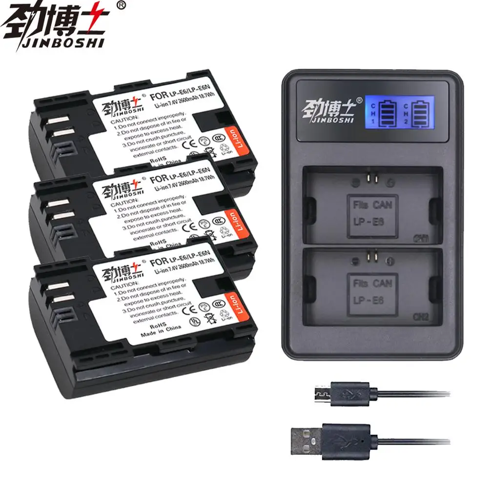 3 шт. 2600 мАч LP E6 LP-E6 LPE6 цифровой Батарея+ USB LCD Dual charger для Canon Mark II Mark III 6D 7D 60D 60Da 70D 80D 5DS 5D