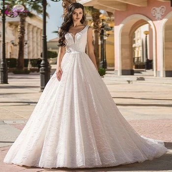 

Waulizane Gorgeous Lace A Line Wedding Dress Sexy V Neckline Of Sweep Train Bridal Dress