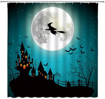 

Halloween Theme Horror Castle Moon Witch Washable Waterproof Durable Polyester Bathroom Shower Curtain