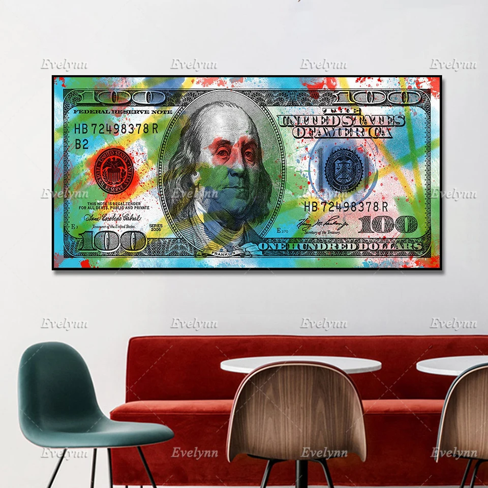 Colorful 100 Dollar Bill Money Wall Decor Print Colorful Wall Art Money Poster Benjamin Mf Dollar Bill Canvas Home Decor