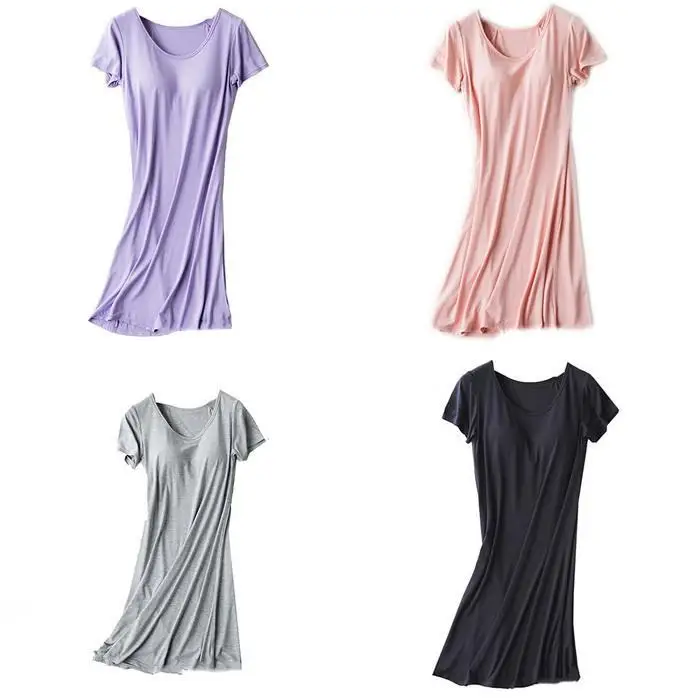 Women Casual Solid O-Neck Short Sleeve Nightdress Summer With Loose Sleep Wear Knee Length Pads Pullover