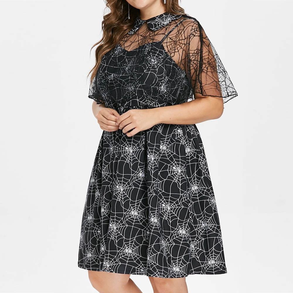 Plus Size Halloween Dress Party Cobweb Print Yarn Sleeveless Dresses Female Suspender Autumn Dress Evening Winter Ladies 805