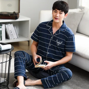 

High Quality Brand Men Pajamas Sets Print Large Size 100% Cotton Sleepwear Men's Pijamas Suit Home Clothes Pyjama Male M-XXXL