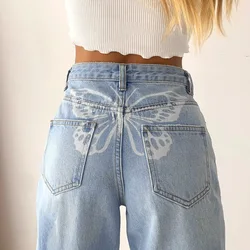 Nova impressão borboleta gráficos das mulheres jeans mãe para meninas carga denim oversize baggy jean impresso mulher calças compridas
