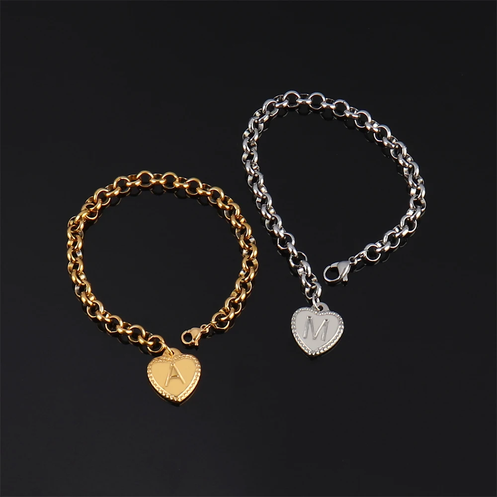 Love Heart Initial Bracelets Silver, 26 Alphabets I / High Polished