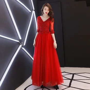 

V-neck Red Elegant Mesh Female Evening Party Dress Pleated A-line Half Sleeve Cheongsam Exquisite Long Qipao Vestidos Defesta