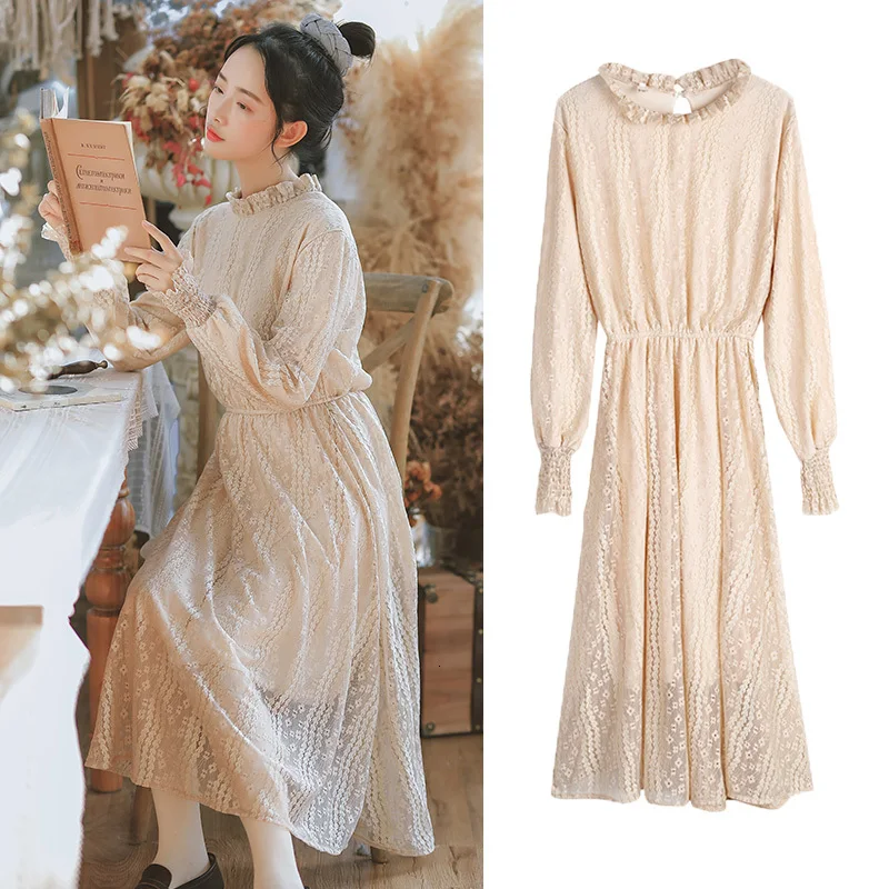  2019 Autumn Women Long Sleeve White Lace Dress Fleece Blouses Midi Dress Ruffled Collar Mori Girl C