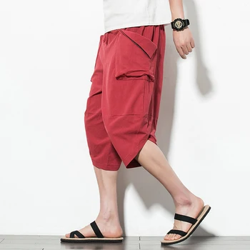 

Men Linen Summer Man Cotton Solid color Casual Pant Man Streetwear Hip Hop Male Chinese Style Knee Length Pant