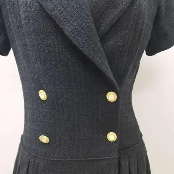 

Women Black Tweed Mini Dress Notched Neck Short Sleeve Double Breasted Pleated Slim 2020 Autumn Winter Female Dresses