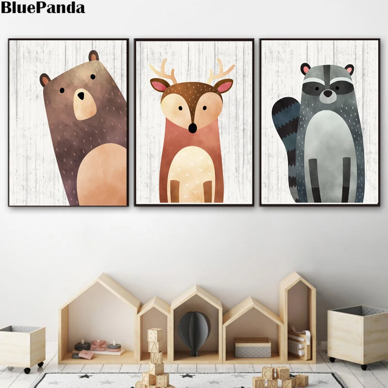 

Woodland Animal Nursery Wall Art Bear Deer Raccoon Nordic Cute Canvas Painting Poster Baby Print Picture Children Bedroom Decor