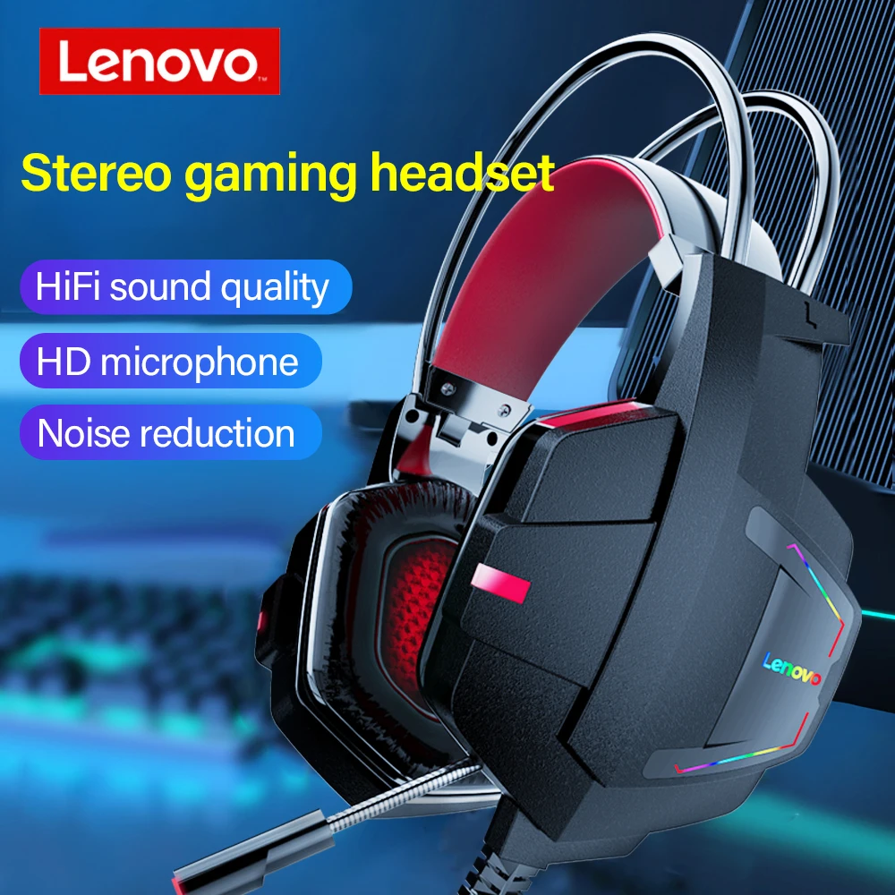 Новинка игровые Проводные стереонаушники Lenovo HU85 со светодиодной подсветкой и