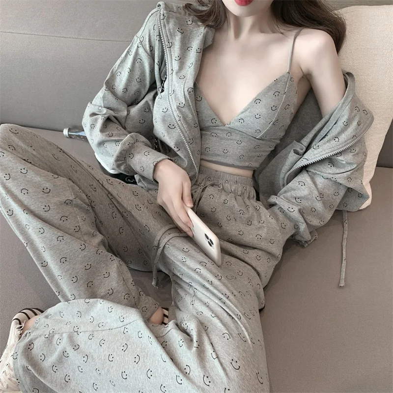 

JXMYY 2020 fall new fashion retro bra camisole + hooded jacket + loose stitching sports pants three-piece casual women's suit