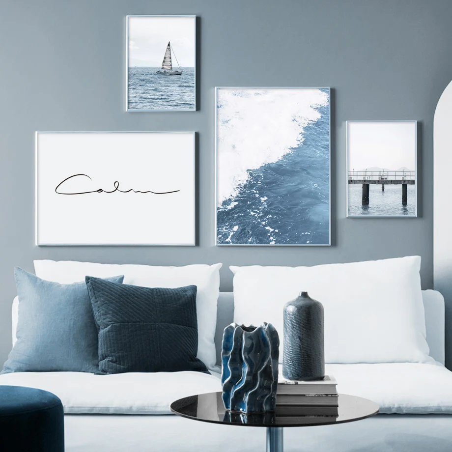 Sea Waves Birds Sailboat Bridge Ocean Sky Wall Art Canvas Painting Nordic And Posters Prints Wall Pictures For Living Room Decor
