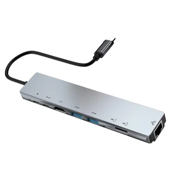 

1pc 8 in 1 Type-C to HDMI RJ45 HUB Adapter USB3.0 SD TF PD Mutiport Concentrator Dock