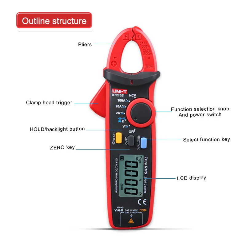 UT210E True RMS мини Цифровые токоизмерительные клещи переменный/постоянный ток