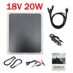 20W 18V Portable Emergency Monocrystalline Solar Panel Kit Complete Monocrystalline Photovoltaic Module with 3In1 Charging Cable