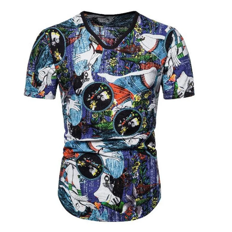 

Vintage Print T-shirt 2020 Summer Chinese Style Print Boho Men V Neck Harajuku Funny Tees Shirt Men's Hip Hop Streetwear Tops