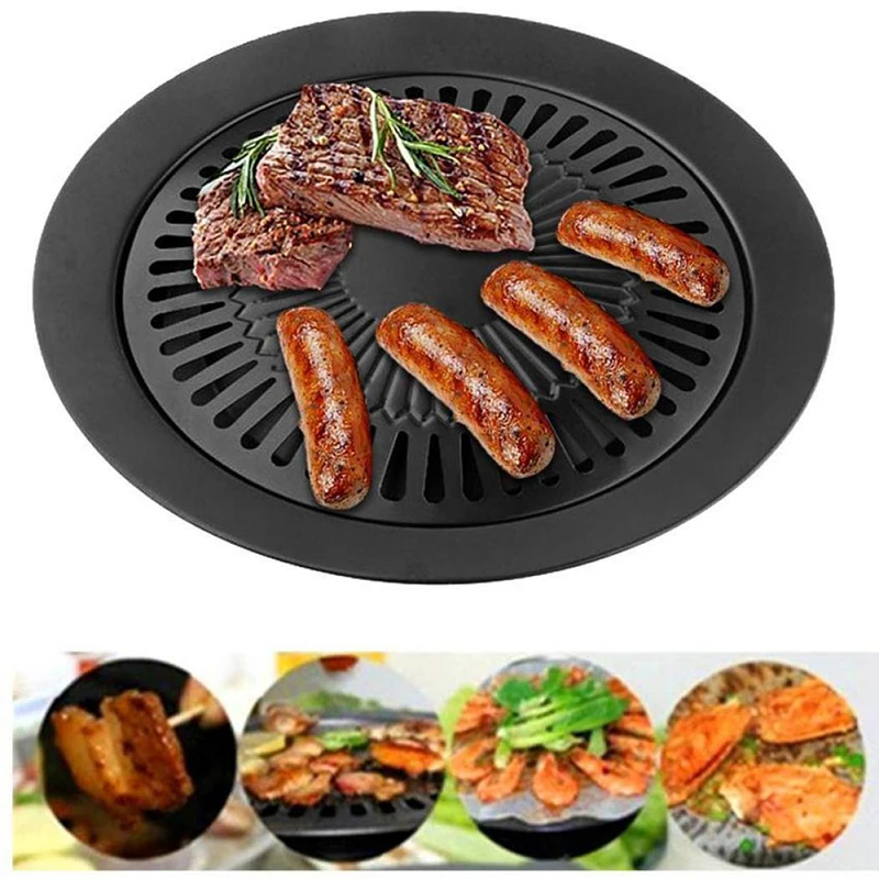 1Pcs Korean Barbecue Plate Round Iron BBQ Grill Plate Smokeless Non-Stick Gas Stove BBQ Roasting Cooking Tool Sets