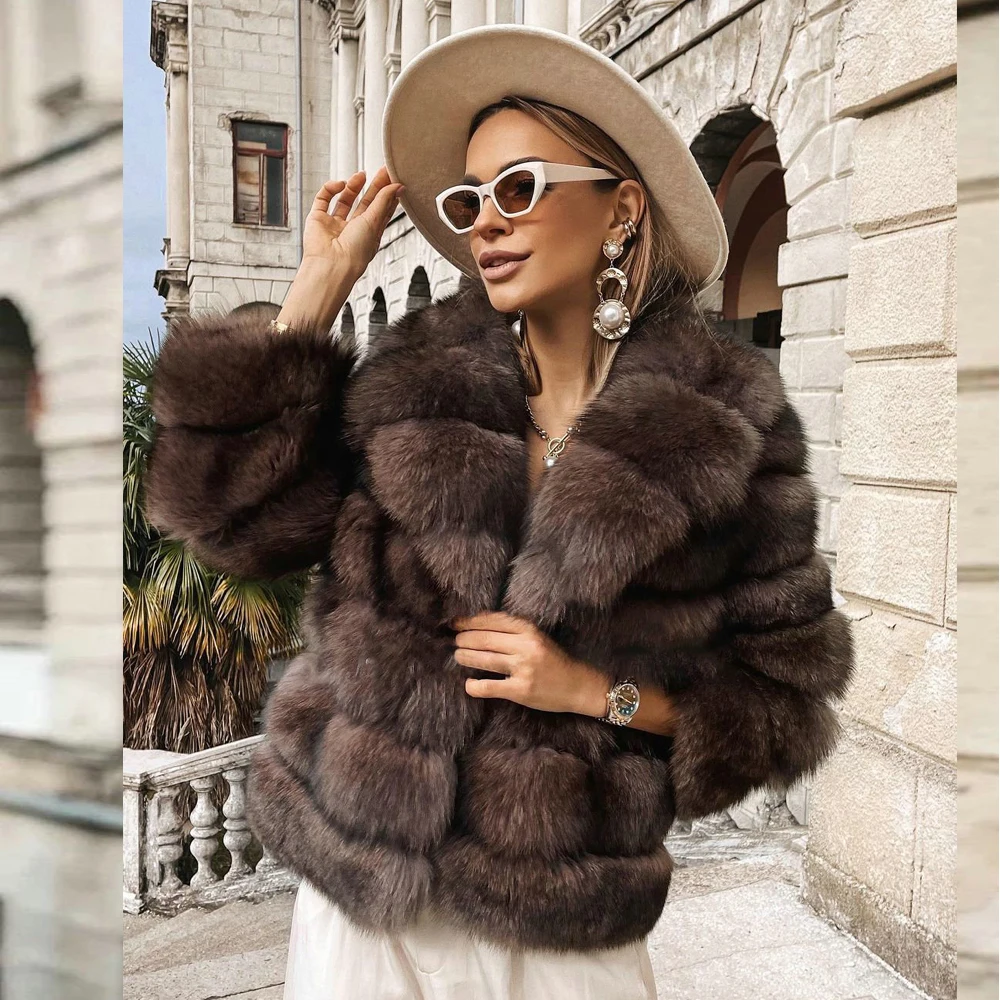 Luxury Women Natural Fox Fur Jacket with Turn-down Collar Fashion Dark Sable Color Genuine Full Pelt Fox Fur Coat Short Outwear