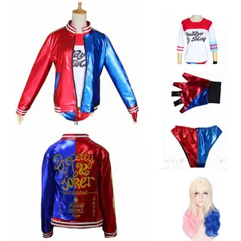 

Adult Women Harley Quinn Ripped T-Shirt Short Pants Jacket Suicide Squad Cosplay Halloween Costume Set And Wig