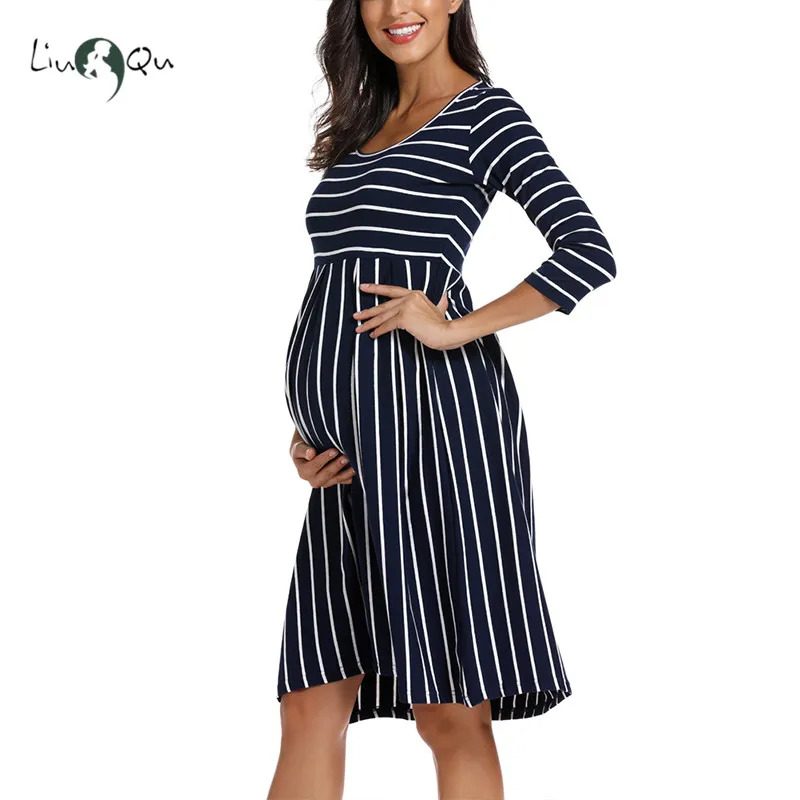 

3/4 Sleeve Maternity Dresses Striped Casual A Line Baby Shower Pregnancy Dress Maternity Dresses Pregnant Woman Clothes