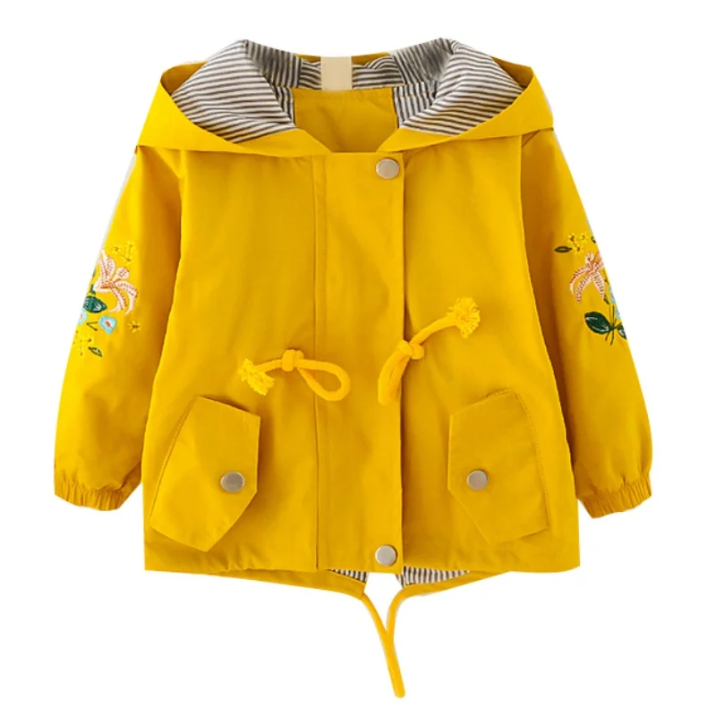 Куртки для девочек осенне-весеннее Детское пальто с капюшоном для девочек Детская верхняя одежда с цветочной вышивкой, одежда для маленьких девочек, От 1 до 5 лет