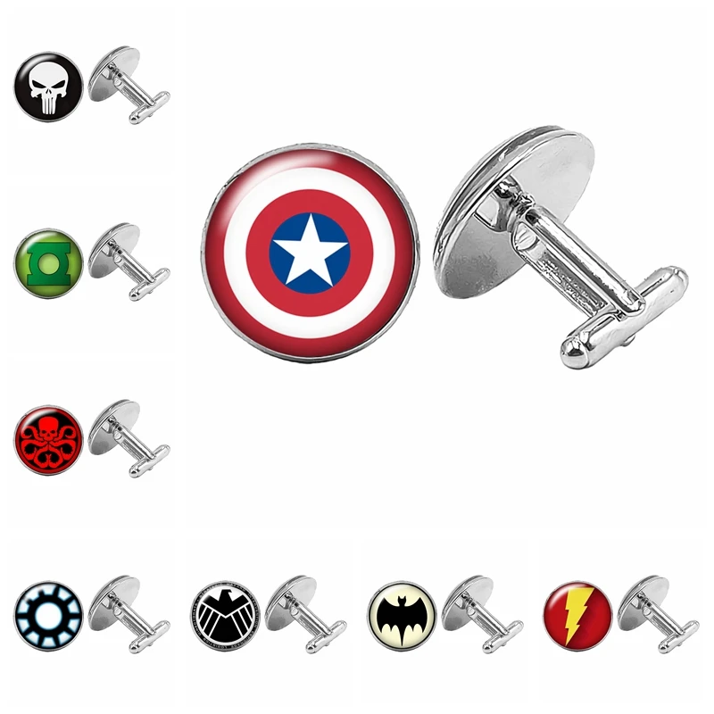 

2019 New Superhero Captain Spiderman Iron Man Bat Men's Glass Cabochon Cuff Men's Shirt Copper Cufflinks Gift Ornaments