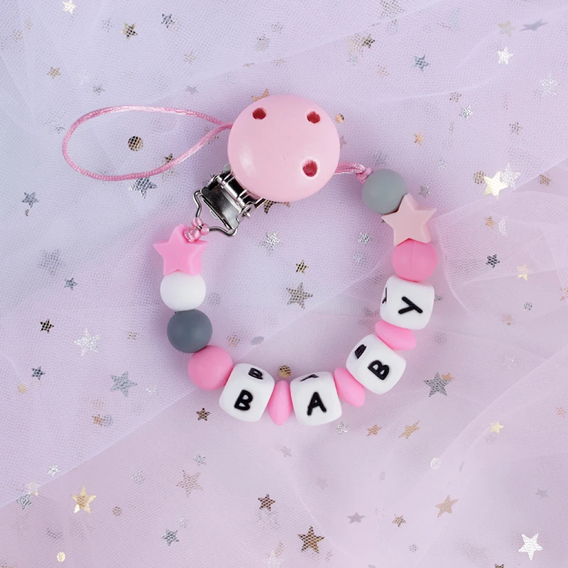 

New Baby Personalized Name Handmade Pacifier Clips Holder Chain Silicone Pacifier Chains Five Star Baby Teether Teething Chain