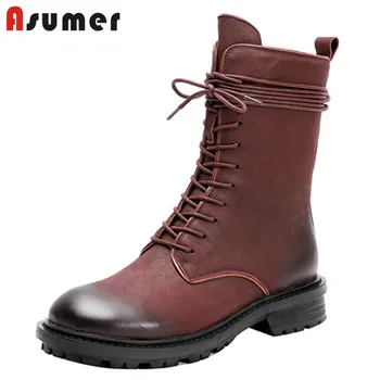 

ASUMER 2020 hot ankle boots women genuine leather lace up cool low heels casual shoes autumn winter Motorcycle Boots female