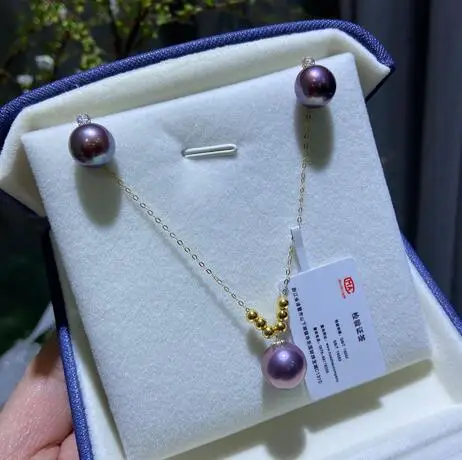 

jewelry 18K Gold Purple Edison pearl Necklace earring pendant set