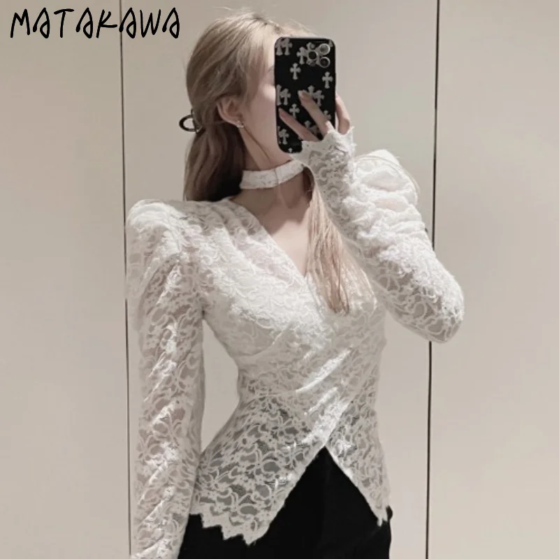 Кружевные рубашки Matakawa Модные приталенные женские блузки в стиле High Street с