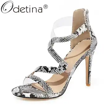 

Odetina Women Fashion Stiletto Extreme High Heel Party Sandals Concise Round Toe Snakeskin Back Zipper Zip Up Wedding Sandals