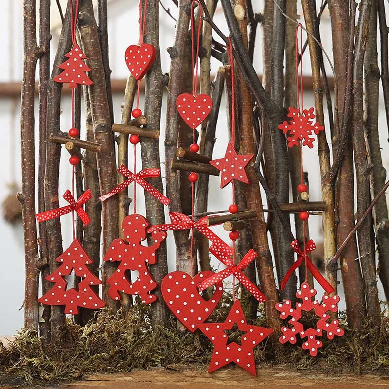 1/2/3Pc Red Dot Heart Snowflake Xmas Tree Angel Star Wooden Pendants Ornaments Christmas Hanging Decorations For Home Navidad