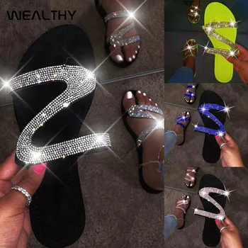 

WEALTHY Women Summer Flat Bling Slippers Female Casual Flip Flops Sandals Outdoor Beach Slides Non-Slip Crystal Sandals Dropship