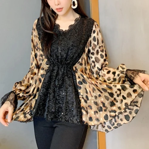 leopard GCC3282 XITAO, леопардовая кружевная блузка, модная, новая, женская, из кусков, элегантная, маленькая, свежая, повседневная, длинный рукав,, весенняя, миноритарная рубашка, GCC3282 - Цвет: leopard GCC3282