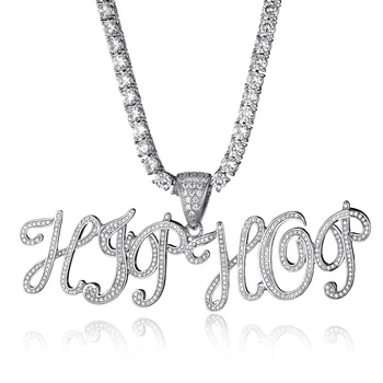 

Custom Name Cursive Letters Pendant Iced Out Bling Cubic Zirconia With 4mmTennis Chain Copper Necklace Hip Hop Rock Jewelry