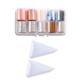 

1 Box 10 Grid Nail Star Paste Color Transfer Film 17 & 10Pcs Triple-Cornered Plastic Rhinestones Beads Sorting Trays